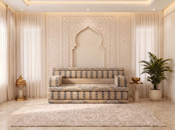 Beige Medallion: Corner Arabic Floor Cushions – Moroccan Majlis Seating – Boho Style Sofa – Oriental Arabic Couch
