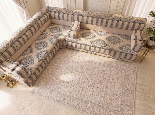 Beige Medallion: Corner Arabic Floor Cushions – Moroccan Majlis Seating – Boho Style Sofa – Oriental Arabic Couch