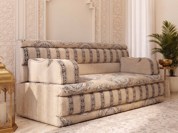 Beige Medallion: Corner Arabic Floor Cushions – Moroccan Majlis Seating – Boho Style Sofa – Oriental Arabic Couch