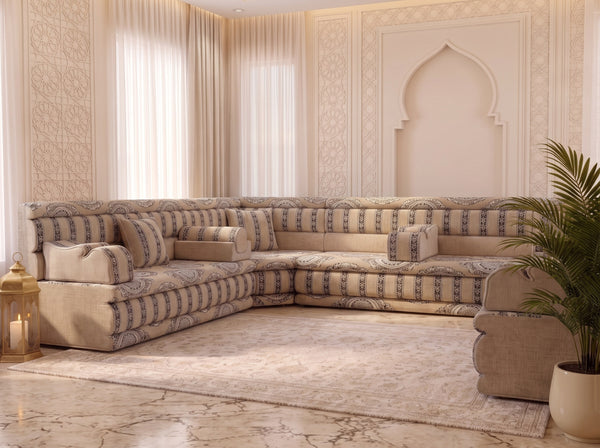 Beige Medallion: Corner Arabic Floor Cushions – Moroccan Majlis Seating – Boho Style Sofa – Oriental Arabic Couch