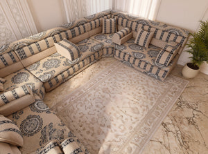 Beige Medallion: Corner Arabic Floor Cushions – Moroccan Majlis Seating – Boho Style Sofa – Oriental Arabic Couch
