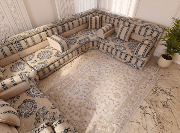 Beige Medallion: Corner Arabic Floor Cushions – Moroccan Majlis Seating – Boho Style Sofa – Oriental Arabic Couch