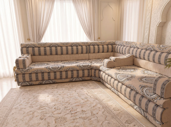 Beige Medallion: Corner Arabic Floor Cushions – Moroccan Majlis Seating – Boho Style Sofa – Oriental Arabic Couch
