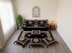 Black Moon Serenade: Single Floor Sofa Set – Single Floor Couch With Pillows – Yemeni Floor Sofa – Washable Arabic Floor Cushion