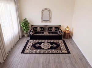 Black Moon Serenade: Single Floor Sofa Set – Single Floor Couch With Pillows – Yemeni Floor Sofa – Washable Arabic Floor Cushion