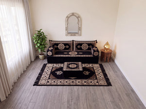 Black Moon Serenade: Single Floor Sofa Set – Single Floor Couch With Pillows – Yemeni Floor Sofa – Washable Arabic Floor Cushion