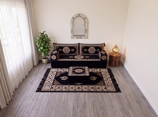 Black Moon Serenade: Single Floor Sofa Set – Single Floor Couch With Pillows – Yemeni Floor Sofa – Washable Arabic Floor Cushion