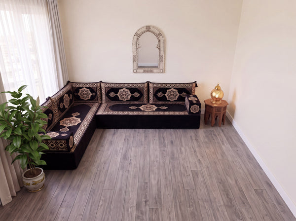 Black Moon Serenade: L Shaped Floor Sofa Set – Corner Floor Sofa – Oriental Sofa – Complete Arabic Sofa Set