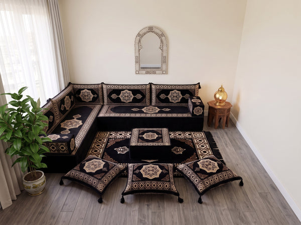 Black Moon Serenade: L Shaped Floor Sofa Set – Corner Floor Sofa – Oriental Sofa – Complete Arabic Sofa Set