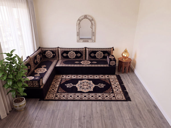 Black Moon Serenade: L Shaped Floor Sofa Set – Corner Floor Sofa – Oriental Sofa – Complete Arabic Sofa Set