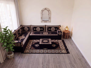 Black Moon Serenade: L Shaped Floor Sofa Set – Corner Floor Sofa – Oriental Sofa – Complete Arabic Sofa Set