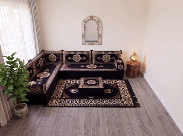 Black Moon Serenade: L Shaped Floor Sofa Set – Corner Floor Sofa – Oriental Sofa – Complete Arabic Sofa Set