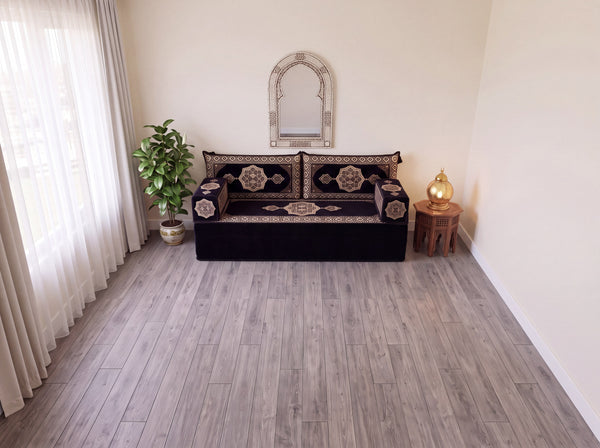 Black Moon Serenade: Single Floor Sofa Set – Single Floor Couch With Pillows – Yemeni Floor Sofa – Washable Arabic Floor Cushion