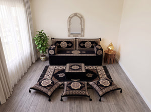 Black Moon Serenade: Single Floor Sofa Set – Single Floor Couch With Pillows – Yemeni Floor Sofa – Washable Arabic Floor Cushion