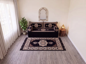 Black Moon Serenade: Single Floor Sofa Set – Single Floor Couch With Pillows – Yemeni Floor Sofa – Washable Arabic Floor Cushion