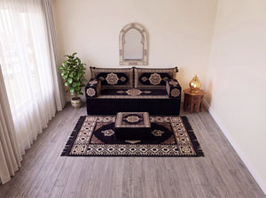 Black Moon Serenade: Single Floor Sofa Set – Single Floor Couch With Pillows – Yemeni Floor Sofa – Washable Arabic Floor Cushion