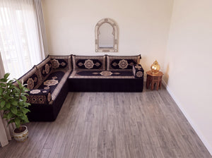 Black Moon Serenade: L Shaped Floor Sofa Set – Corner Floor Sofa – Oriental Sofa – Complete Arabic Sofa Set