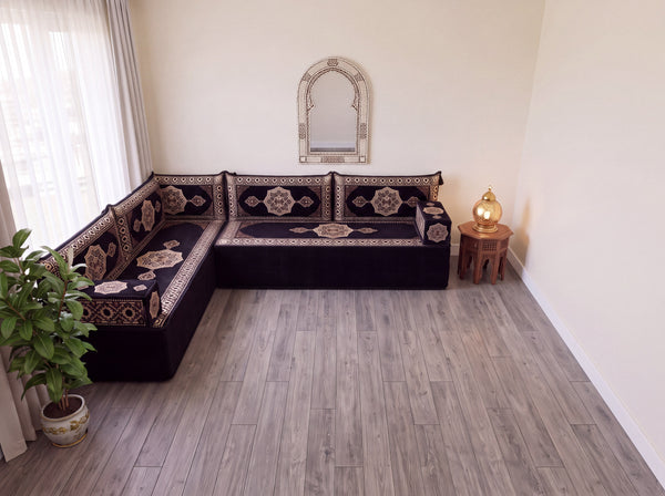 Black Moon Serenade: L Shaped Floor Sofa Set – Corner Floor Sofa – Oriental Sofa – Complete Arabic Sofa Set