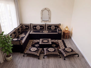 Black Moon Serenade: L Shaped Floor Sofa Set – Corner Floor Sofa – Oriental Sofa – Complete Arabic Sofa Set