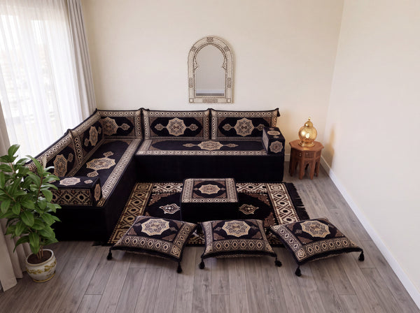 Black Moon Serenade: L Shaped Floor Sofa Set – Corner Floor Sofa – Oriental Sofa – Complete Arabic Sofa Set