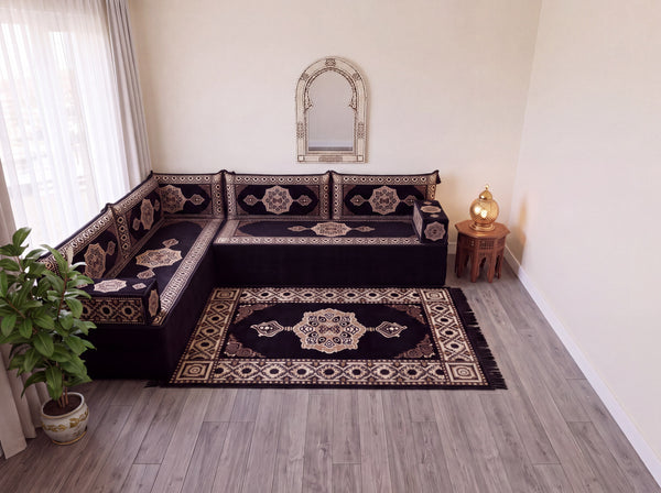Black Moon Serenade: L Shaped Floor Sofa Set – Corner Floor Sofa – Oriental Sofa – Complete Arabic Sofa Set