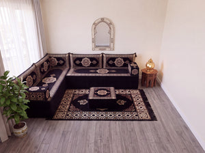 Black Moon Serenade: L Shaped Floor Sofa Set – Corner Floor Sofa – Oriental Sofa – Complete Arabic Sofa Set