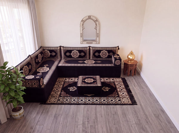 Black Moon Serenade: L Shaped Floor Sofa Set – Corner Floor Sofa – Oriental Sofa – Complete Arabic Sofa Set