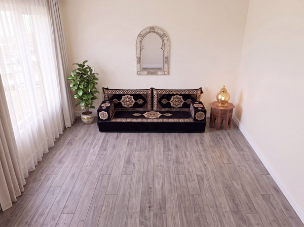 Black Moon Serenade: Single Floor Sofa Set – Single Floor Couch With Pillows – Yemeni Floor Sofa – Washable Arabic Floor Cushion
