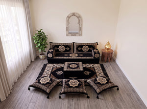 Black Moon Serenade: Single Floor Sofa Set – Single Floor Couch With Pillows – Yemeni Floor Sofa – Washable Arabic Floor Cushion