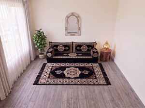 Black Moon Serenade: Single Floor Sofa Set – Single Floor Couch With Pillows – Yemeni Floor Sofa – Washable Arabic Floor Cushion