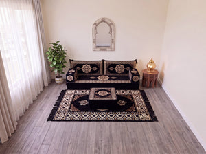 Black Moon Serenade: Single Floor Sofa Set – Single Floor Couch With Pillows – Yemeni Floor Sofa – Washable Arabic Floor Cushion