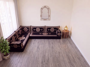 Black Moon Serenade: L Shaped Floor Sofa Set – Corner Floor Sofa – Oriental Sofa – Complete Arabic Sofa Set
