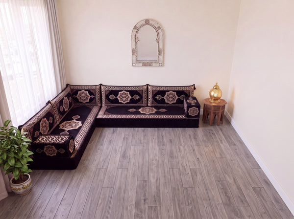 Black Moon Serenade: L Shaped Floor Sofa Set – Corner Floor Sofa – Oriental Sofa – Complete Arabic Sofa Set