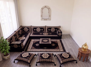 Black Moon Serenade: L Shaped Floor Sofa Set – Corner Floor Sofa – Oriental Sofa – Complete Arabic Sofa Set