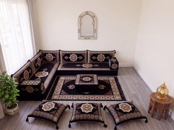 Black Moon Serenade: L Shaped Floor Sofa Set – Corner Floor Sofa – Oriental Sofa – Complete Arabic Sofa Set