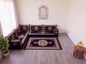 Black Moon Serenade: L Shaped Floor Sofa Set – Corner Floor Sofa – Oriental Sofa – Complete Arabic Sofa Set