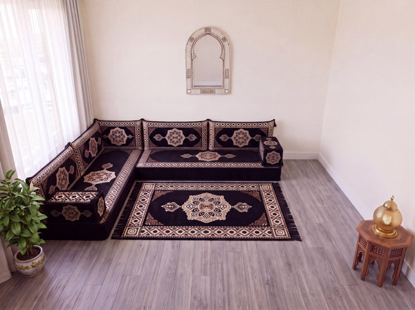 Black Moon Serenade: L Shaped Floor Sofa Set – Corner Floor Sofa – Oriental Sofa – Complete Arabic Sofa Set