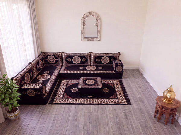 Black Moon Serenade: L Shaped Floor Sofa Set – Corner Floor Sofa – Oriental Sofa – Complete Arabic Sofa Set