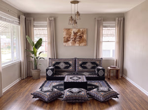 Marineblaues arabisches Sofa mit Ottomane und Teppich, Bodensitzkissen, Arabisches Jalsa-Set, Ecksofa, Arabische Sofagarnitur, Marokkanisches Sofa
