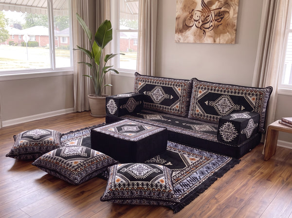 Marineblaues arabisches Sofa mit Ottomane und Teppich, Bodensitzkissen, Arabisches Jalsa-Set, Ecksofa, Arabische Sofagarnitur, Marokkanisches Sofa