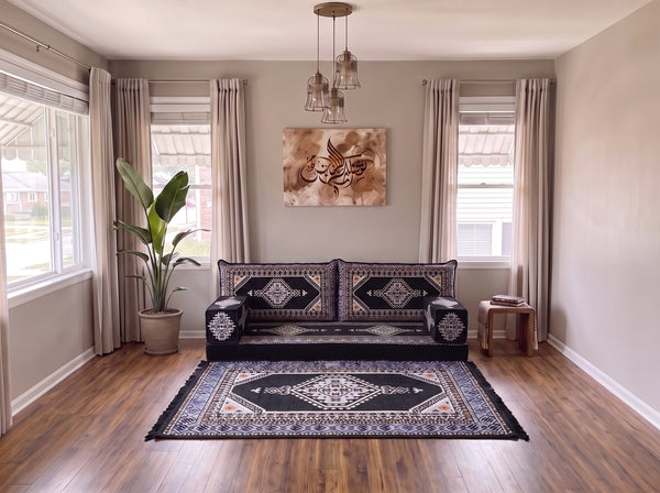 Marineblaues arabisches Sofa mit Ottomane und Teppich, Bodensitzkissen, Arabisches Jalsa-Set, Ecksofa, Arabische Sofagarnitur, Marokkanisches Sofa