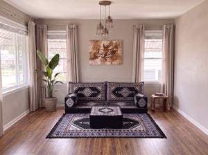 Marineblaues arabisches Sofa mit Ottomane und Teppich, Bodensitzkissen, Arabisches Jalsa-Set, Ecksofa, Arabische Sofagarnitur, Marokkanisches Sofa
