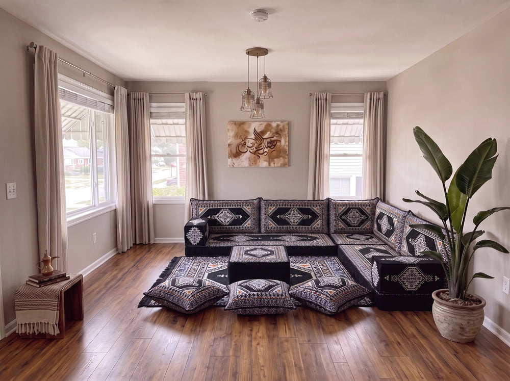 Black Palace Elegance pattern L-shaped corner Arabic floor sofa set with backrest and armrest pillows by Arabic Sofa