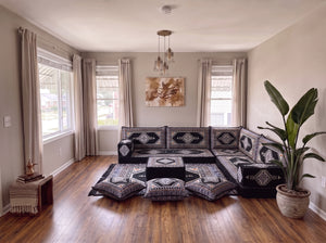 Black Palace Elegance: L Shaped Floor Sofa Set – Jalsa Set – Washable Arabic Floor Cushion – Moroccan Floor Couch