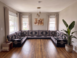 Black Palace Elegance: U Shaped Arabic Floor Sofa Set – Sectional Floor Sofa – Arabic Majlis Sofa – Handmade Majlis Cushions