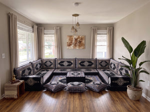 Black Palace Elegance: U Shaped Arabic Floor Sofa Set – Sectional Floor Sofa – Arabic Majlis Sofa – Handmade Majlis Cushions