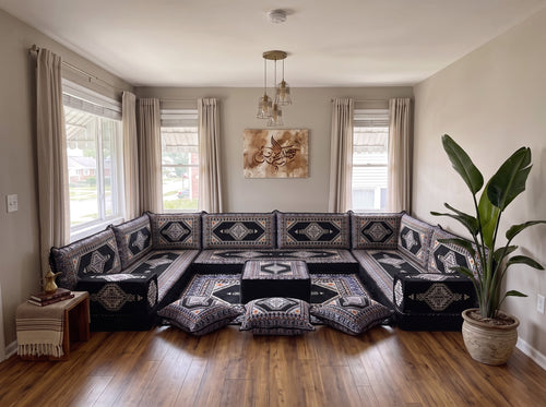 Black Palace Elegance: U Shaped Arabic Floor Sofa Set – Sectional Floor Sofa – Arabic Majlis Sofa – Handmade Majlis Cushions