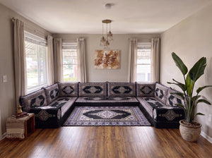 Black Palace Elegance: U Shaped Arabic Floor Sofa Set – Sectional Floor Sofa – Arabic Majlis Sofa – Handmade Majlis Cushions