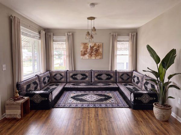 Black Palace Elegance: U Shaped Arabic Floor Sofa Set – Sectional Floor Sofa – Arabic Majlis Sofa – Handmade Majlis Cushions