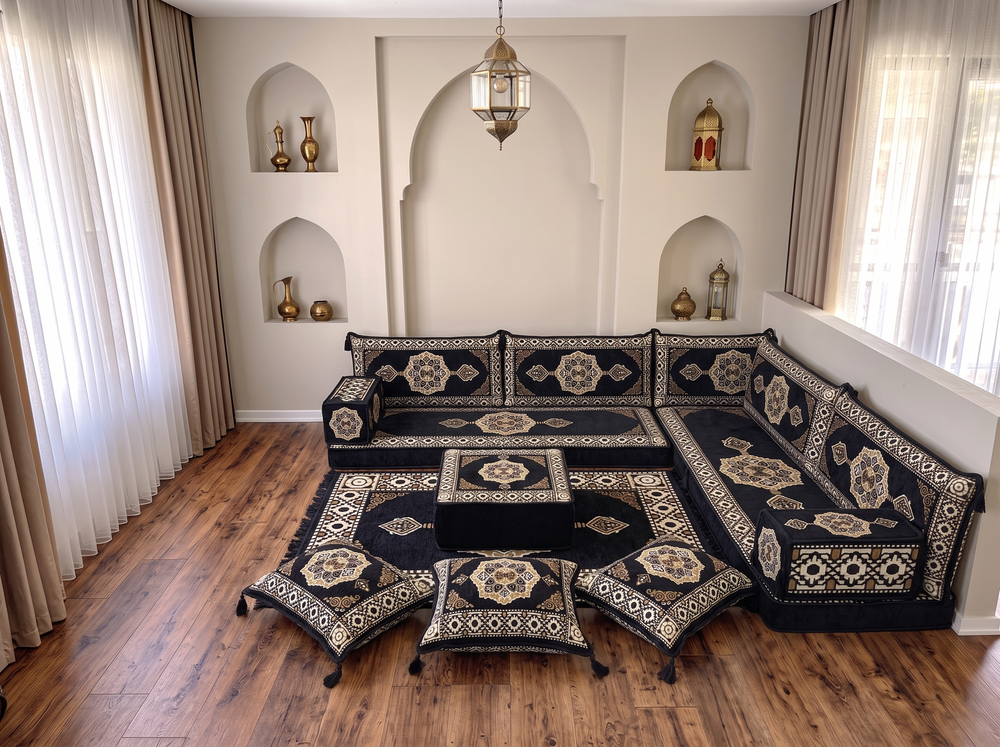 4 Zoll dickes L-Sofa-Set, arabisches Ecksofa, L-förmiges marineblaues türkisches Sofa, orientalische Bodenkissen, arabischer Majlis, traditionelles Wohnzimmersofa, arabisches Jalsa-Set